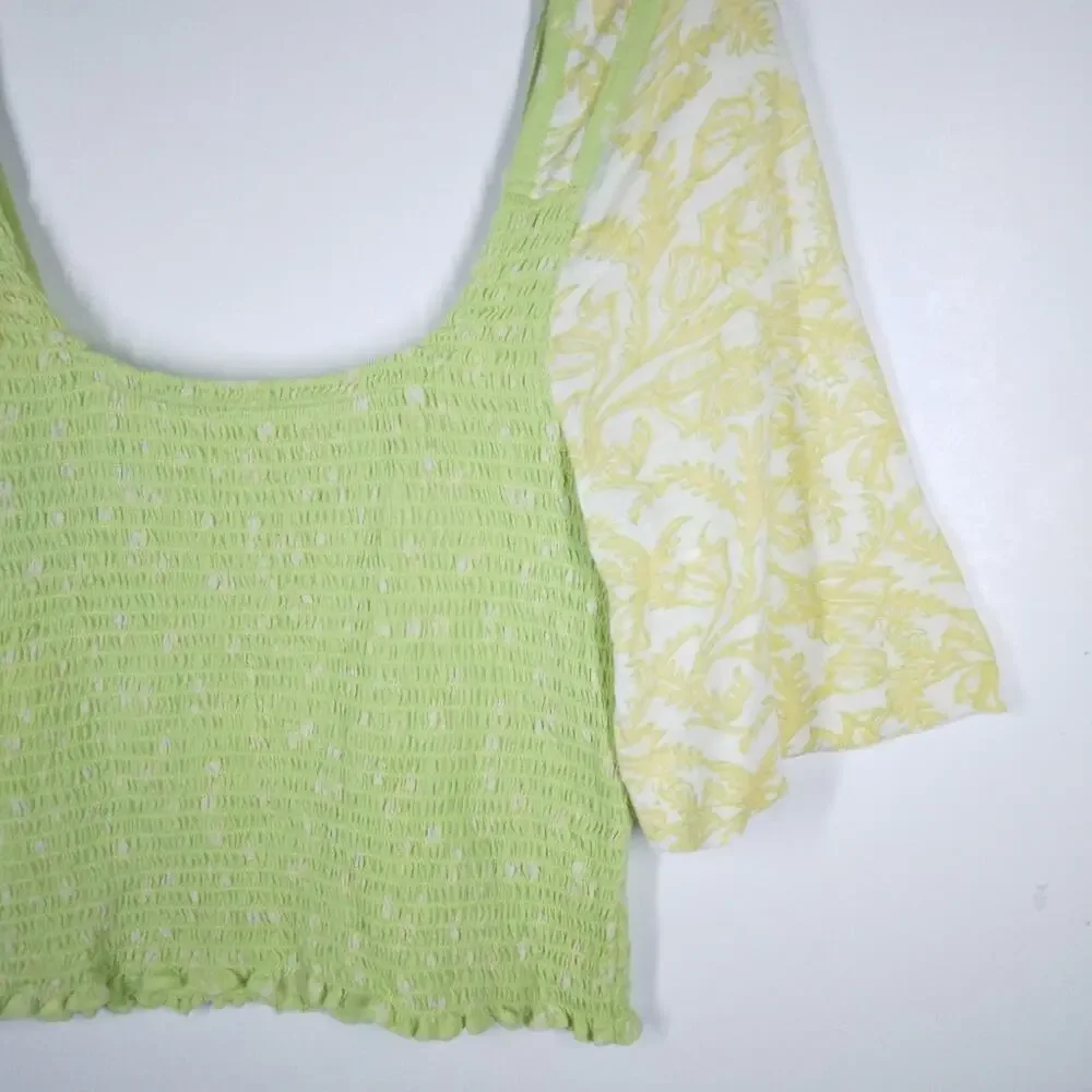 NWT Free People Smocked Crop Short Sleeve Top Key Lime Combo size Medium